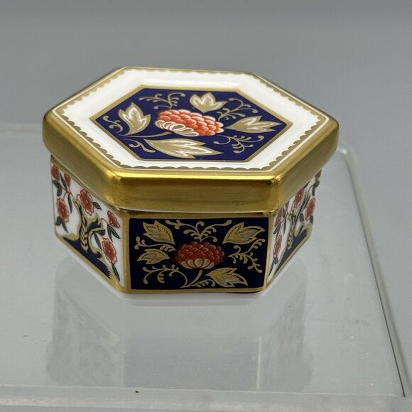 Vtg Royal Crown Derby English Bone China Hexagon Lidded Trinket Box A1298 Imari - Picture 11 of 13